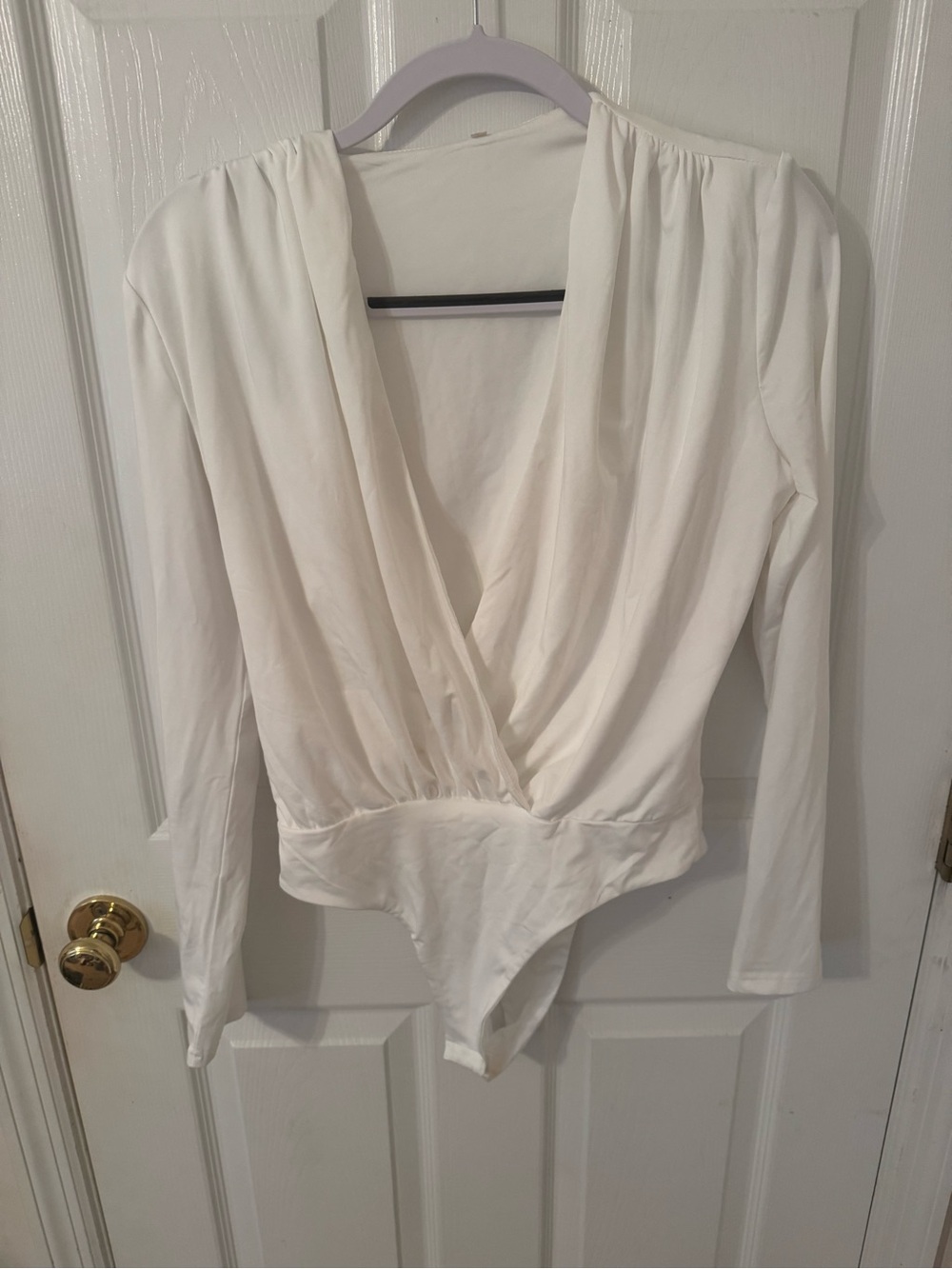 Women's White Long-Sleeve Surplice Bodysuit